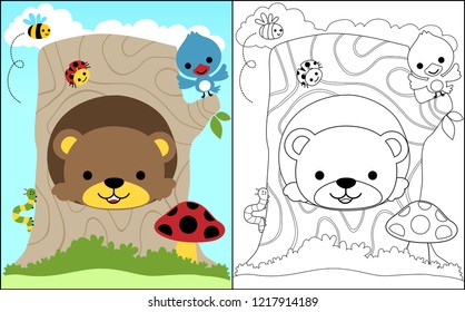 Coloring book vector of cute bear in tree stump with bird and bugs