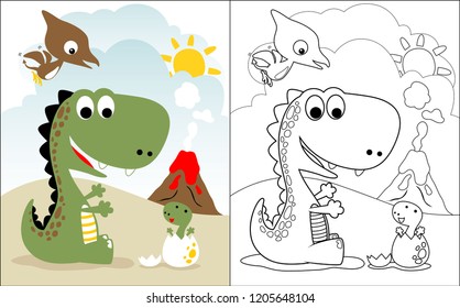 coloring book vector of cute dinosaurs cartoon on volcano and blue sky background