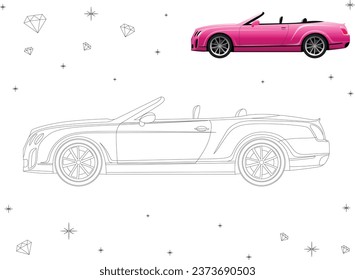 coloring book, vector, diamond, rhinestones, car, doll, pink, convertible, side view, profile