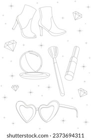 coloring book, vector, diamond, rhinestones, heart glasses, cosmetics, mirror, brushes, mascara, lip gloss, boots, shoes,