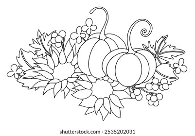 Libro para colorear. Dibujo de Vector. Composición de otoño con cosecha, con calabazas y girasoles en estilo vintage. Dibujo en estilo doodle