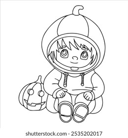 Coloring book. Vector drawing, cute child character in a Halloween pumpkin costume. kawaii. Doodle style drawing