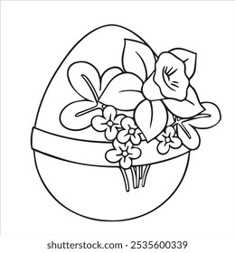 Coloring book. Vector drawing, Easter egg with a bouquet of spring flowers. Drawing in doodle style