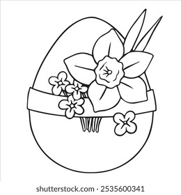 Coloring book. Vector drawing, Easter egg with a bouquet of spring flowers. Drawing in doodle style