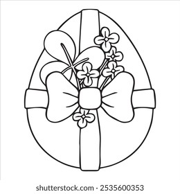 Livro de colorir. Desenho vetorial, ovo de Páscoa com um buquê de flores da primavera. Desenho no estilo de rabiscar