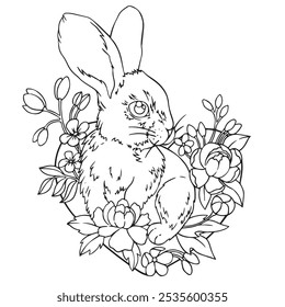 Coloring book. Vector drawing with Easter bunny and flowers. Drawing in doodle style