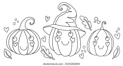 Coloring book. Vector drawing, set of cute characters Halloween pumpkins. kawaii. Doodle style drawing