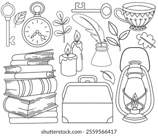 Coloring book. Vector drawing. Set of magical, witchcraft things. Wizard's school of witchcraft and magic. Cute doodle drawing