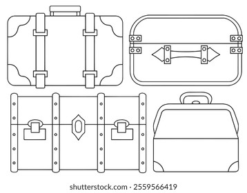 Coloring book. Vector drawing, set of vintage suitcases. Old travel bags and suitcases