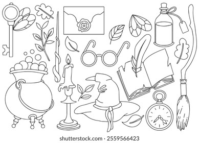 Coloring book. Vector drawing. Set of magical, witchcraft things. Wizard's school of witchcraft and magic. Cute doodle drawing