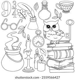 Coloring book. Vector drawing. Set of magical, witchcraft things. Wizard's school of witchcraft and magic. Cute doodle drawing