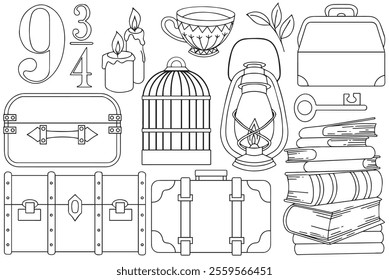 Coloring book. Vector drawing. Set of magical, witchcraft things. Wizard's school of witchcraft and magic. Cute doodle drawing