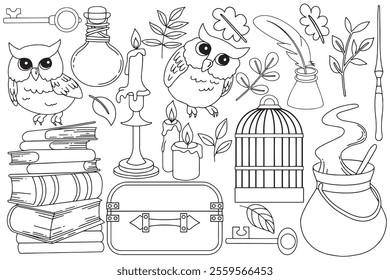 Coloring book. Vector drawing. Set of magical, witchcraft things. Wizard's school of witchcraft and magic. Cute doodle drawing