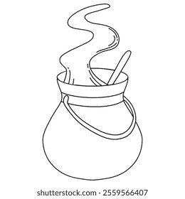 Coloring book. Vector drawing, witch's cauldron with potion. Wizard school, magic