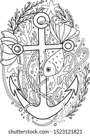 coloring book, vector illustration, anchor, fish on seaweed and flowers.