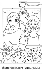 Coloring book vector illustration beautiful girls playing crane machine