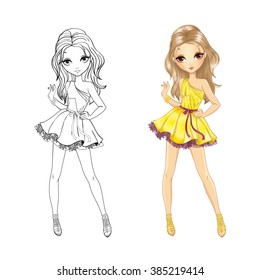 Coloring book vector illustration of beautiful girl in gold party dress