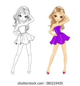 Coloring book vector illustration of beautiful girl in purple party dress