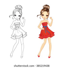 Coloring book vector illustration of beautiful girl in retro red dress