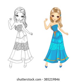 Coloring book vector illustration of beautiful girl in long summer dress