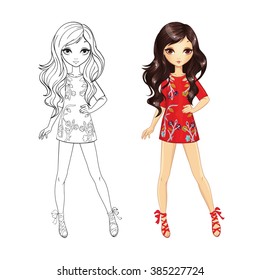 Coloring book vector illustration of beautiful brunette in short red dress