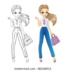 Coloring book vector illustration of beautiful business girl 