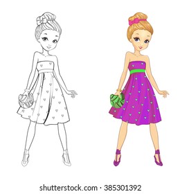 Coloring book vector illustration of beautiful fashion girl in heart print dress