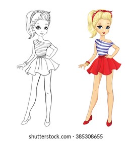 Coloring book vector illustration of beautiful girl in red skirt