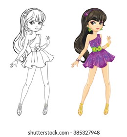 Coloring book vector illustration of beautiful girl in disco purple dress