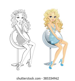 Colorante libro ilustrativo vectorial de hermosa chica rubia con vestido de cristales