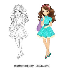 Coloring book vector illustration of beautiful cute brunette girl 