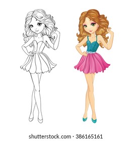 Coloring book vector illustration of beautiful cute curly girl in disco dress