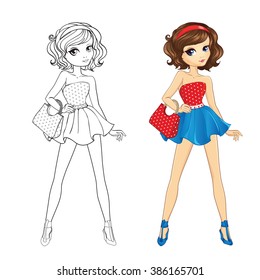 Coloring book vector illustration of beautiful brunette girl in red top and blue skirt