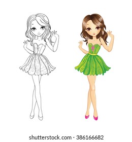 Coloring book vector illustration of beautiful party girl in green short dress