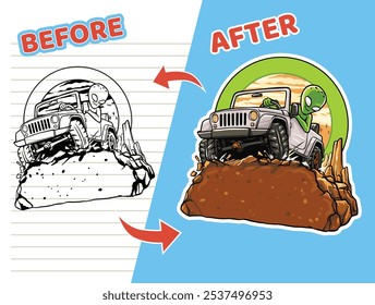 Ilustración vectorial de libro para colorear con ojos grandes verde joven alienígena conduciendo un coche offroad con neumáticos grandes en el suelo