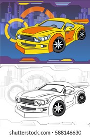 Coloring book, vector illustration of a car in a techno-style for boys.