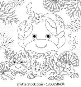 coloring book vector illustration cartoon drawing sea life, crab, jellyfish, whale, starfish, corals, sea floor, underwater world, black and white illustration, doodling.