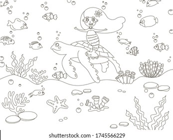 Coloring book vector illustration cartoon drawing of marine life, mermaid, turtle, starfish, fish, corals, seabed, underwater world, black and white illustration, doodles.
