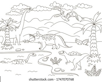 Coloring book vector illustration cartoon drawing Dinosaurs, palm trees, flora, mountains, river, clouds. Black and white doodle illustrations.