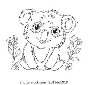 Libro para colorear. Ilustración vectorial de lindo bebé koala. animales tropicales, kawaii. Decoración navideña. Estilo Doodle