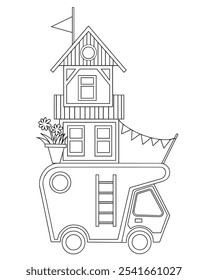 Coloring book. Vector illustration in doodle style. Rooftop car. Cute children's illustration on the theme of travel, moving, camping