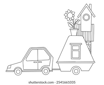 Coloring book. Vector illustration in doodle style. Rooftop car. Cute children's illustration on the theme of travel, moving, camping