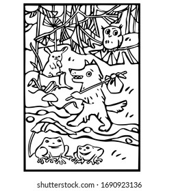 Coloring book. Vector illustration. A fairy-tale wolf with a bundle of things is walking through the forest. Pines, spruce, hare, eagle owl, frogs.