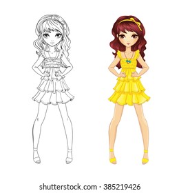 Coloring book vector illustration of fashion girl in yellow dress