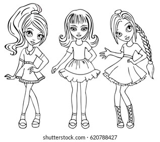 Coloring book vector illustration of fashion girls. Stylish child girls vector illustration.