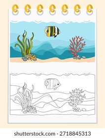 Libro para colorear Ilustración vectorial Peces Algas Planta de arrecife de coral Algas Mundo submarino del océano, fondo marino. Animales del fondo marino. Criatura submarina. Vida acuática. Hábitat marino. Dibujo de arte