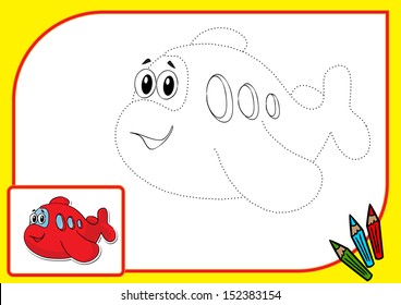 Coloring book. Vector illustration of funny airplane drawing with dots