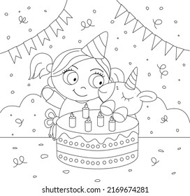 Coloring book. Vector illustration. Happy Birthday coloring book for kids. Cute children's illustration.