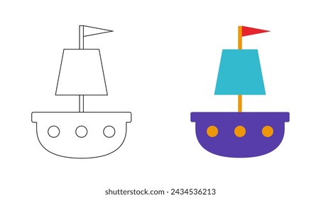 Coloring book vector illustration. Sail boat pirate ship for kids simple cartoon design element.