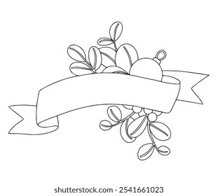 Coloring book. Vector illustration. Vintage ribbon, scroll with eucalyptus leaves. Christmas decoration. Doodle style